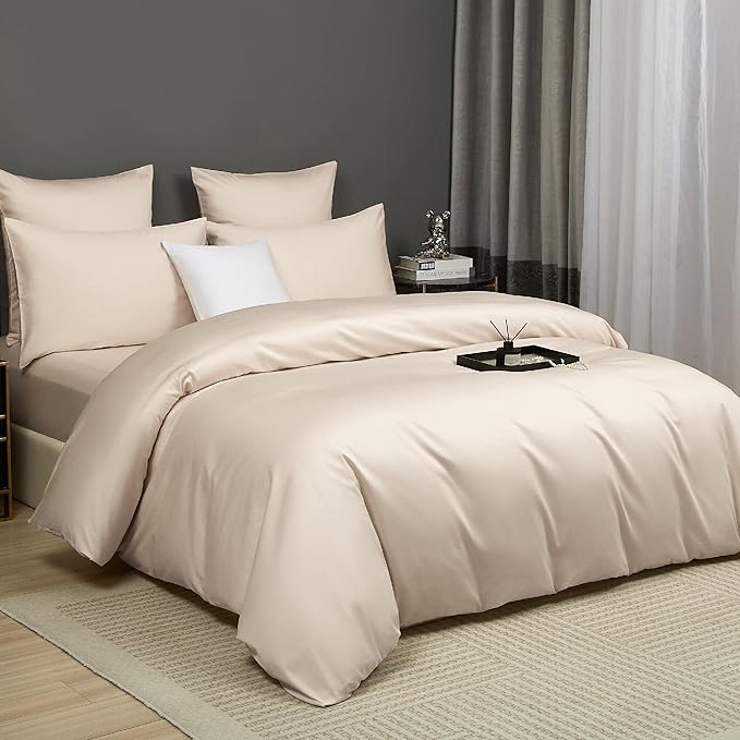 Cream Cotton Duvet Cover Set Queen 100% Long-Staple Cotton Sateen Bedding Set, Soft Breathable Smooth Organic Pure Cotton Plain Comforter Cover, Luxury Minimalist Bedroom Decor for All Season