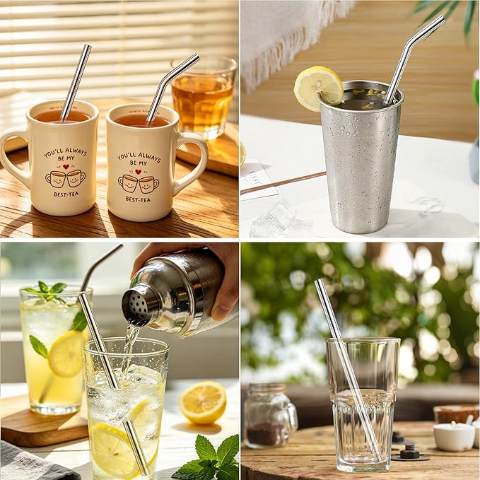 8 Pcs Metal Straws Reusable, 8.5" x 8 mm Reusable Metal Straws Stainless Steel Straws with 2 Cleaning Brush, 4 Straight 4 Bent Metal Drinking Straw for Cocktail Coffee Beverage
