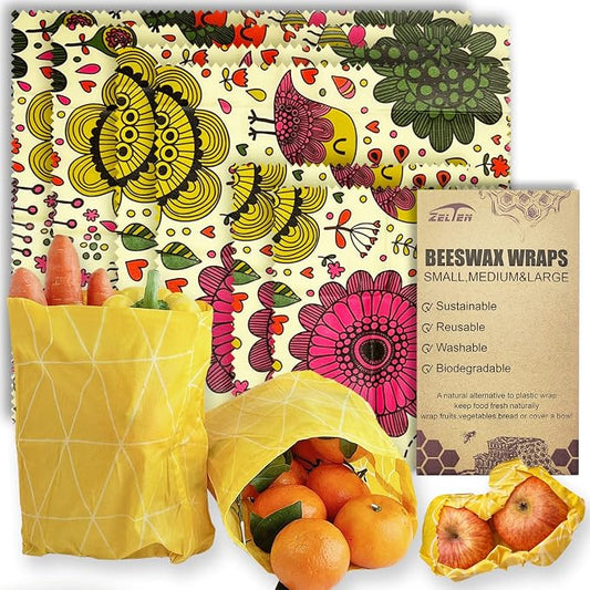 Beeswax Reusable Food Wraps - (6 Packs, 3 Sizes S,M,L, with 2 Meter Hemp Rope, Two Buttons) Plastic and Silicone Free, Eco-friendly Wrap, Wax Paper for Food,Flower Bee & Bird