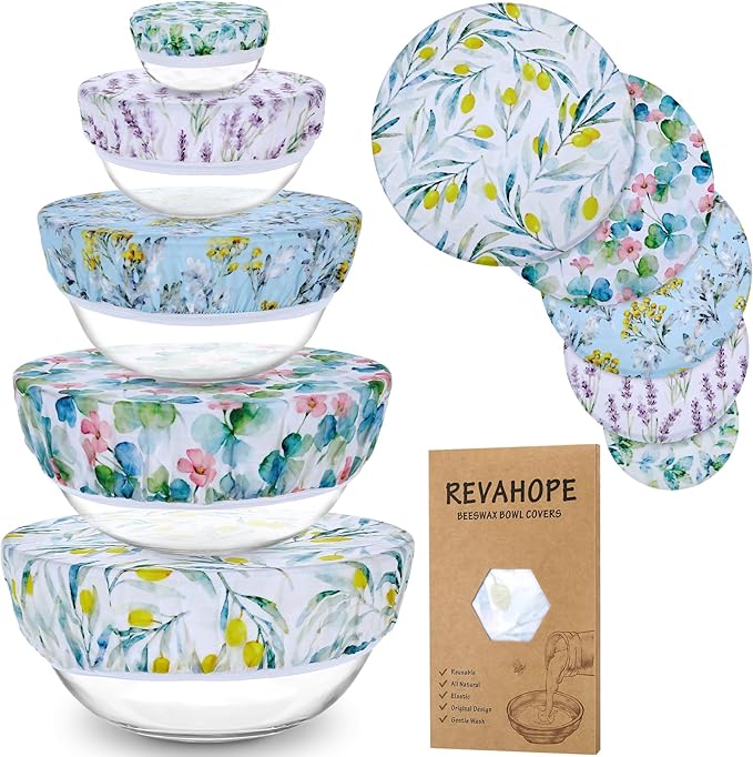 5-Size Reusable Beeswax Bowl Covers for Bread Proofing, Cotton Cloth Flexible Beeswax Wraps for Food Storage(Olive Branch)