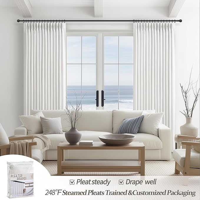 PleatedDrapes 100% Blackout Pure White Curtains 78 Inches Long 2 Panel Set for Nursery, Memory Shape Pinch Pleat Double Layer Thick Linen Blend Modern Window Drapes Thermal Kids Room Darkening Curtain
