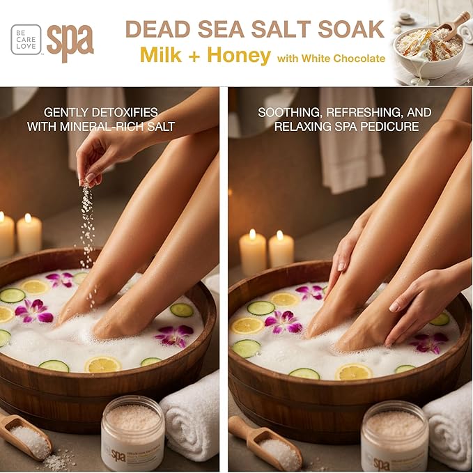 BCL SPA Dead Sea Salt Soak - Bath Salt with Organic Milk + Honey, White Chocolate, Shae Butter, Arnica, Aloe Vera Juice, Chamomile, Argan & Jojoba Oil Skin Exfoliator - Home/Professional Use 16 fl oz