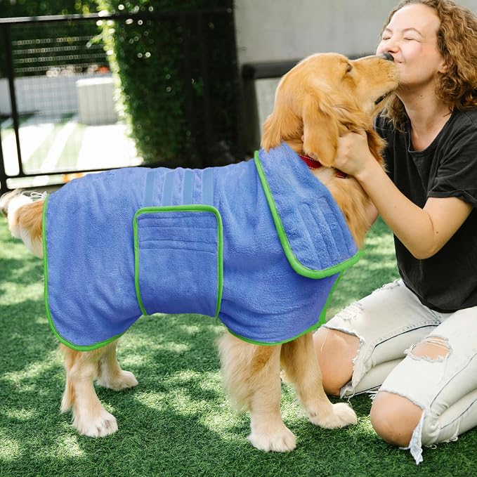 Soft Dog Bathrobe Fast Drying Dog Coat, Super Absorbent Dog Towels for After Bath, Microfiber Pet Robe Adjustable Collar & Belly Warm Keeping Dogs Coat for Pet Dogs & Cats (Blue, 3X-Large)