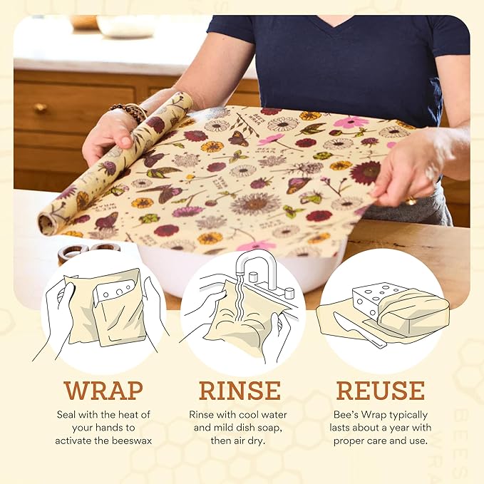 Bee's Wrap Beeswax Wraps for Food - Cut to Size 14x52" Beeswax Wrap Roll - Plastic Free Made in USA Reusable Natural Food Wrap - Meadow Magic