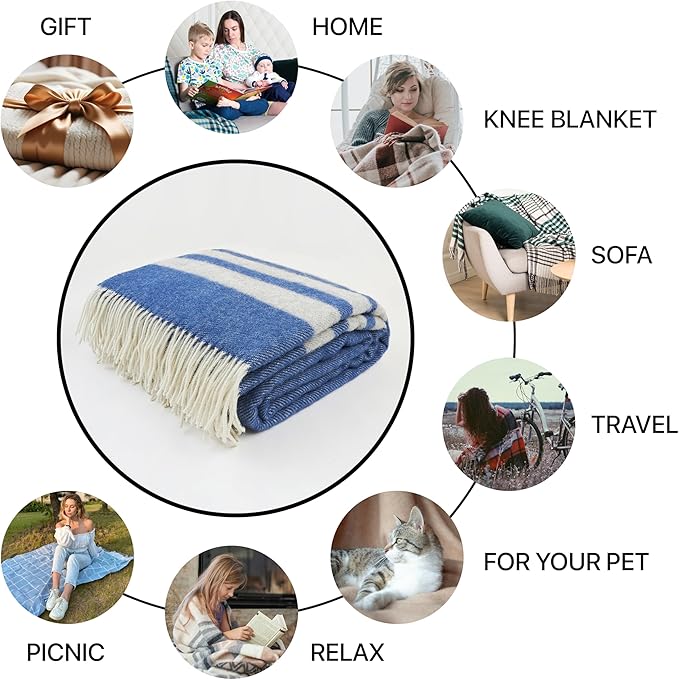 | Wool Blanket/Throw | 100% New Zealand Wool | Perfect for Home and Outdoors | Virgin Wool Blanket with Fringes 55"x79" (140 x 200 cm) (Indigo Blue)