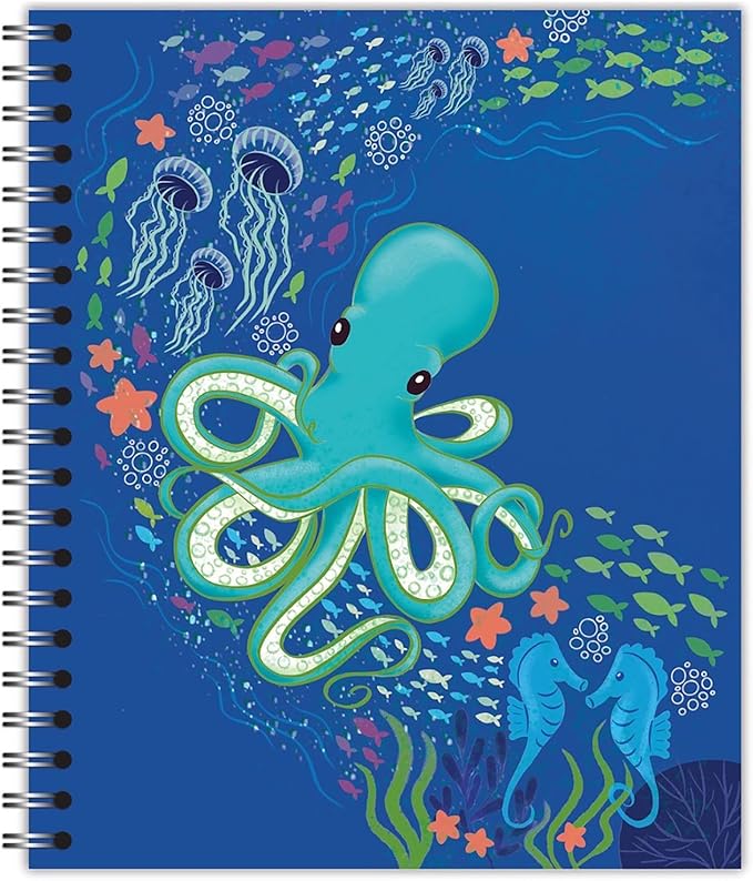 Large Spiral Bound Recycled Notebook, Sealife Design, 11" x 9", 70 Sheets, Double-Wire, College Ruled, Vegan, Made in USA