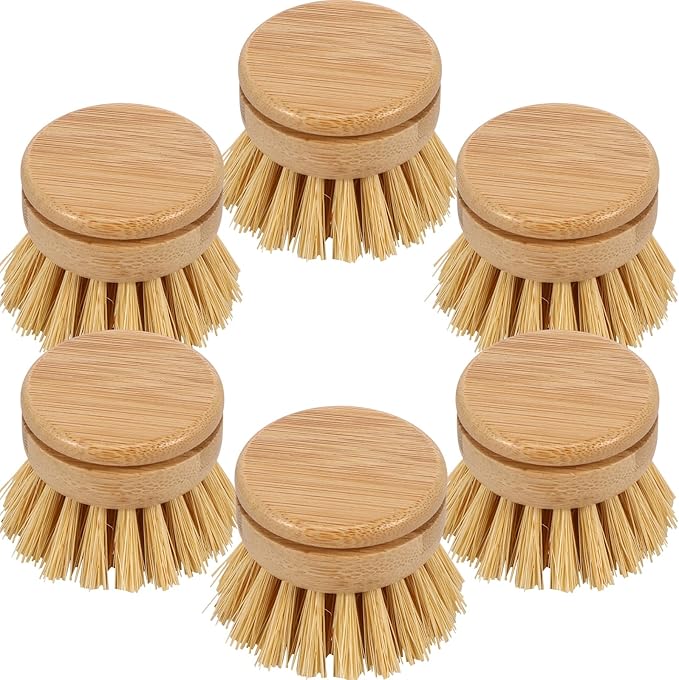 US 6Pcs Bamboo Dish Brush Head Soft Sisal Bristle Dish Natural Washing Brush Head Eco-Friendly Washing Up Brush Replacement Heads Easy to Use Dish Scrubber Head for Dish Brush Cleaning 1.89×1.57in