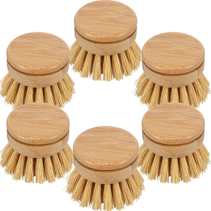 6Pcs Bamboo Dish Brush Head Soft Sisal Bristle Dish Natural Washing Brush Head Eco-Friendly Washing Up Brush Replacement Heads Easy to Use Dish Scrubber Head for Dish Brush Cleaning 1.89×1.57