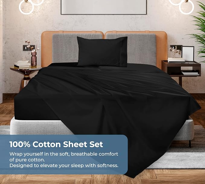 ROYALE LINENS 100% Organic Cotton Twin XL Sheet Set - Percale Weave - 3 Pieces Set - 1 Flat, 1 Deep Pocket Fitted Sheet and 1 Pillowcases - Black Bed Sheets - Sábanas Twin XL - Crisp Cool (Black)