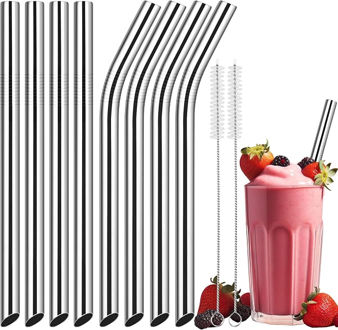 NiHome 8-Pack Stainless Steel Straws for Boba, Smoothie, 10.4” Metal Straws | 0.5'' Extra Wide Metal Reusable Straws, 4 Bent & 4 Straight Long Drinking Straw for Bubble Tea, Milkshake, 2 Brushes, Silver
