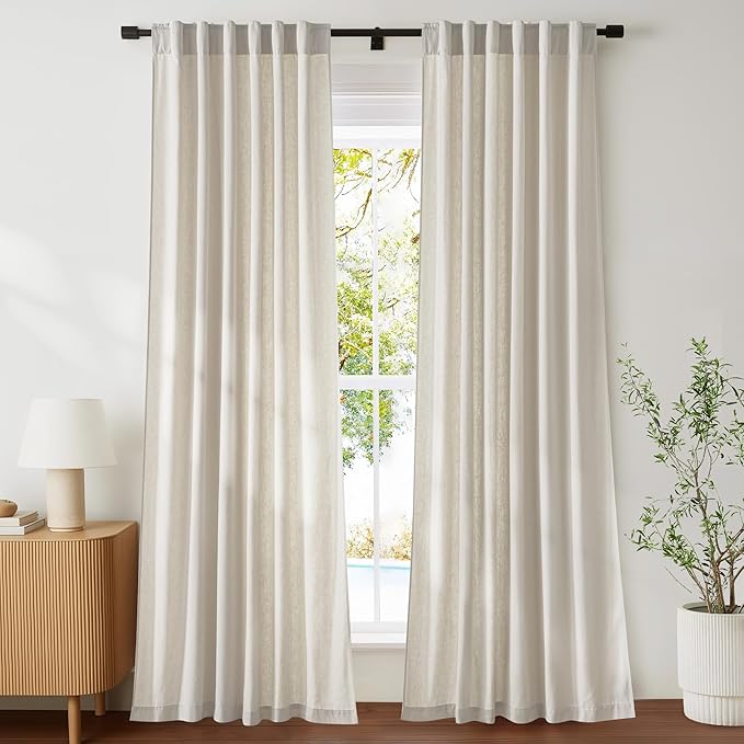 NICETOWN Beige Cotton Linen Curtains 84 inch Long 2 Panels Set, 55" Wide Flax Belgian Linen Blend Organic Privacy Window Drapes Rod Pocket & Back Tab with Light Filtering for Bedroom/Living Room