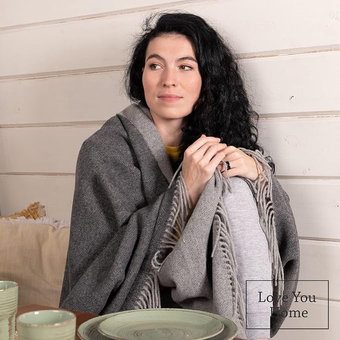 LYHome Merino Wool Blanket - Warm Throw for Cold Weather, Warmest Travel Outdoor Camping Blankets, Picnic Army and Military Throws, Comforter Soft & Cozy (55" x 79" Grey - Light Grey Double-Sided)