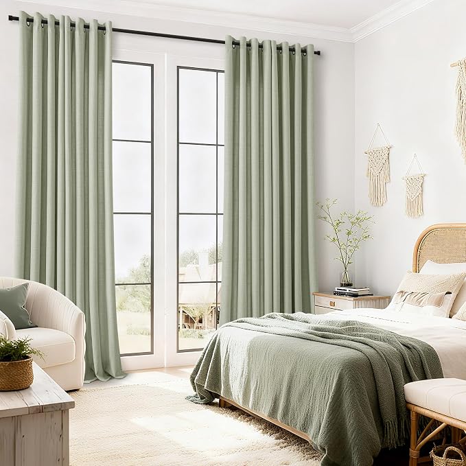 Light Green Curtains 112 Inch Length 2 Panels Set Grommet Ring Top Linen Curtains Extra Long Custom Farm House Lightweight Semi Sheer Privacy Light Filtering Curtain for Patio Sliding Glass Door