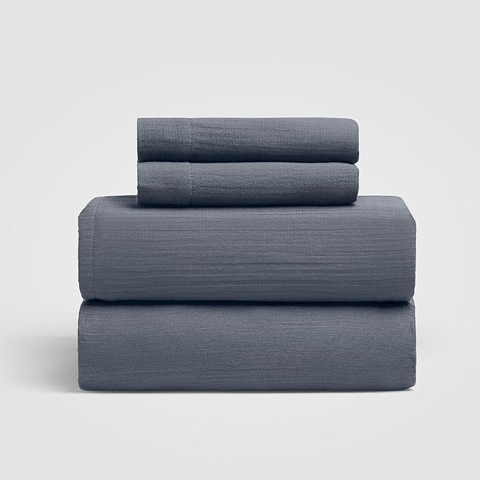 Oasis Full Sheet Set, Coastal Blue 100% Cotton Gauze 4-Pc. Sheet Set, Oeko-TEX Certified Full Sheets, with Flat Sheet, Fitted Sheet and 2 Pillowcases, Earth Tone Bedding