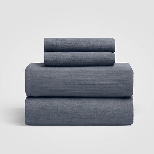 Oasis Queen Sheet Set, Coastal Blue 100% Cotton Gauze 4-Pc. Sheet Set, Oeko-TEX Certified Queen Sheets, with Flat Sheet, Fitted Sheet and 2 Pillowcases, Earth Tone Bedding