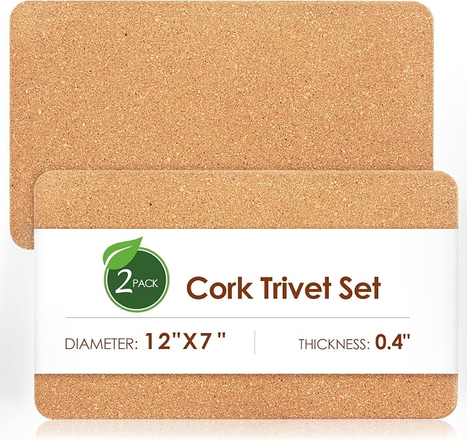 Rectangle Cork Trivets for Hot Dishes, 12" x 7" High-Density Thick Cork Hot Pads Placemats for Pots and Pans, Heat Resistant Hot Pads for Kitchen Countertop Table,2 Pcs Cork Coaster