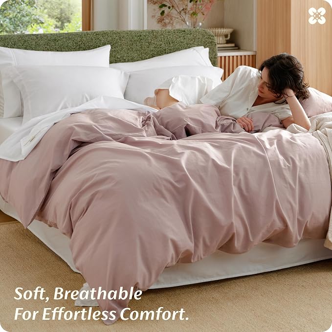 Bedsure Duvet Cover Queen Size - 100% Washed Cotton, Linen-Like Minimalist Bedding - PureWoven Plain Soft Comforter Cover for All Seasons, 1 Duvet Cover Only (Petal Pink, 90" x 90")