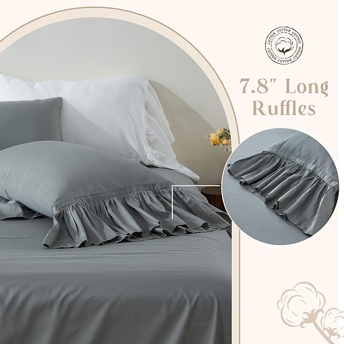 Simple&Opulence 100% Organic Cotton Sheet Set, Long Ruffle Bed Sheets (1 Flat Sheet, 1 Fitted Sheet and 2 Pillowcases) Elegant Shabby Chic Bedding Farmhouse Charming Vintage - Grey, Queen