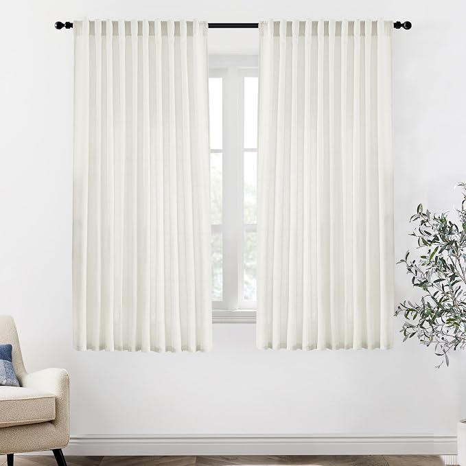 XTMYI 70 x 63 Inch Length Living Room Curtains,Linen Short Wide Bay Window Curtains for Bedroom,Set of 2 Panels,70x63 in Long,Cream Ivory