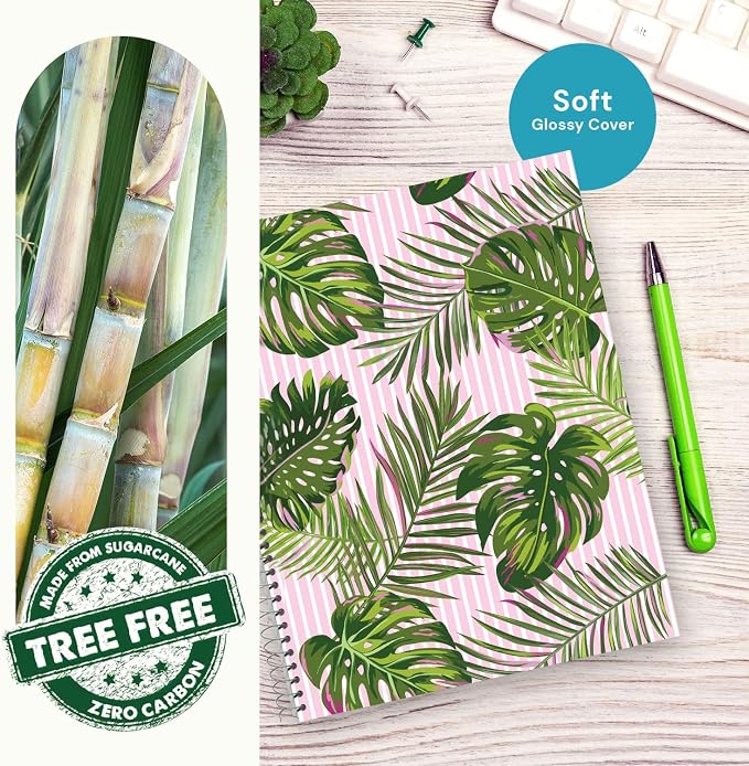 Spiral Notebook, Eco-Friendly & Carbon Neutral Tree Free Paper Subject Notebook, 8” x 10.5”, 100 Sheets (Tropical Palm Leaves)