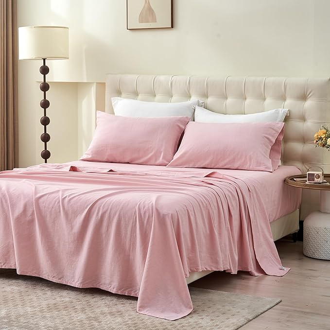 BISELINA Linen Sheet French Flax Flat Sheet Only 55% Euro Linen 45% Cotton Basic Style Solid Color Soft Breathable Farmhouse Top Sheet 1-Piece (King, Pale Pink)