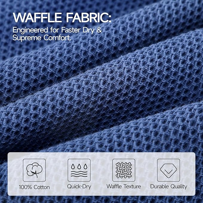 REDKISS 100% Cotton Waffle Weave Bath Towels 4 Pack - 27.5x55 Inches| Lightweight, Quick Dry & Highly Absorbent,Perfect for Spa, Gym, Travel, Guest Bathroom-Blue