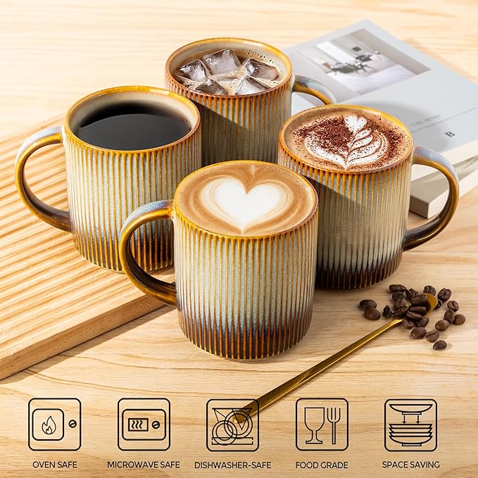 theterra Ceramic Coffee Mugs Set of 6, 14.2oz Handmade Coffee Cups with Handle for Latte, Tea, Milk, Beer, Hot Cocoa, Dusk Blue