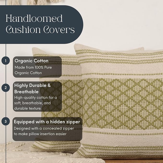 Trade Star Set of 2 Handloomed Pillow Covers Decorative Throw Pillow Cases Cotton Premium Quality Pillow Shams Farmhouse Decor Cushion Covers 18X18 Inches