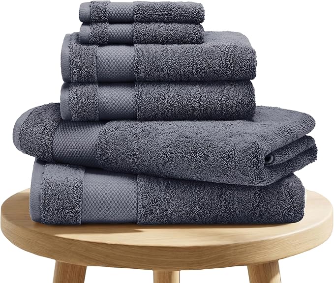 BIOWEAVES 100% Organic Cotton 700 GSM Plush 6-Piece Towel Set GOTS Certified, 2 Bath Towels, 2 Hand Towels & 2 Washcloths - Charcoal