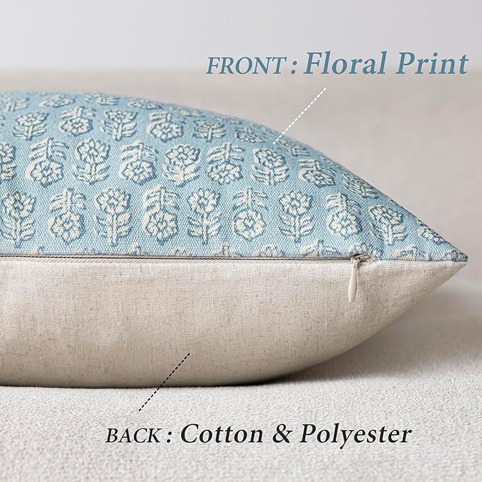 Foindtower Set of 2 Decorative Neutral Floral Print Throw Pillow Covers Vintage Accent Farmhouse Cushion Covers Boho Home Decor for Sofa Chair Couch Bedroom Living Room Outdoor,18×18 Inch,Sky Blue