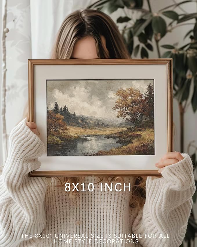 Vodefoad Autumn Landscape Retro Vintage Canvas Wall Art Vintage Landscape Wall Art, Farmhouse River Painting, Cottagecore Decor Fall Landscape Print Moody Autumn Print for Bedroom Bathroom Decor - 8x10Inch Unframe