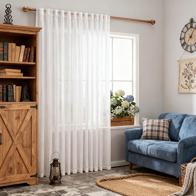 MYSKY HOME Patio White Curtains for Sliding Door, 90 inch Length Living Room Curtains & Drapes Soft Farmhouse Light Filtering Bedroom Window Treatments 1 Panel Semi Sheer Draperies, 100" W x 90" L
