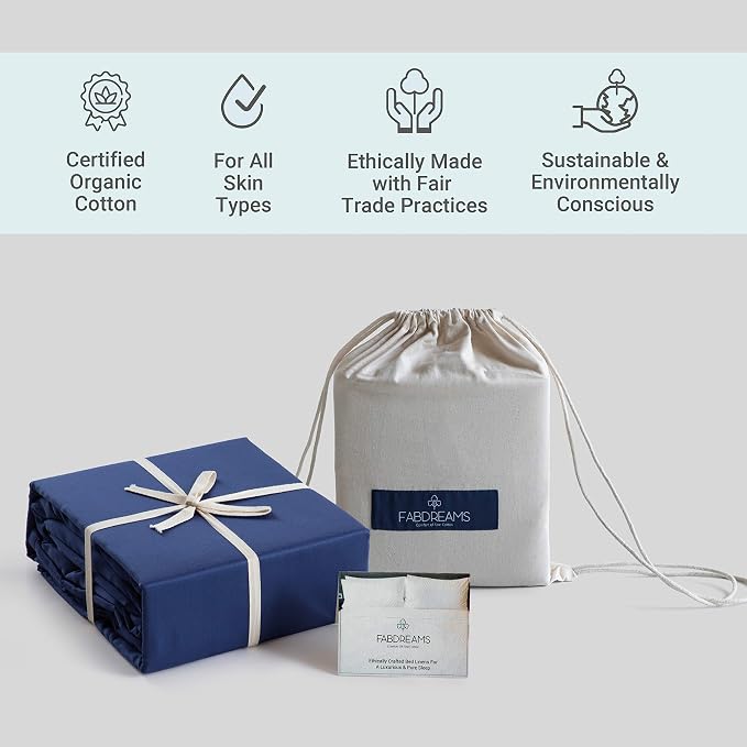 FABDREAMS 100% Organic Cotton King Sheet Set | 400 Thread Count | Luxury Hotel Collection|GOTS Certified Premium Long Staple Cotton|Elasticised 17" Deep Pockets|Smoother than Egyptian Cotton|Dark Blue