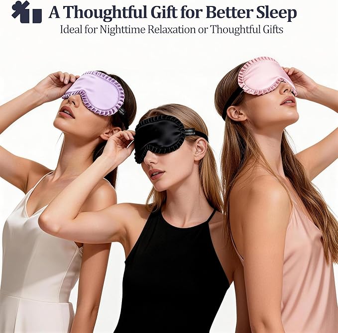 Silk Sleep Mask for Women, 100% Mulberry Silk Eye Mask, All-Silk Filled, Adjustable Elastic Strap with Elegant Wave Trim, Blackout Soft Eye Cover, Travel & Gift (Black)