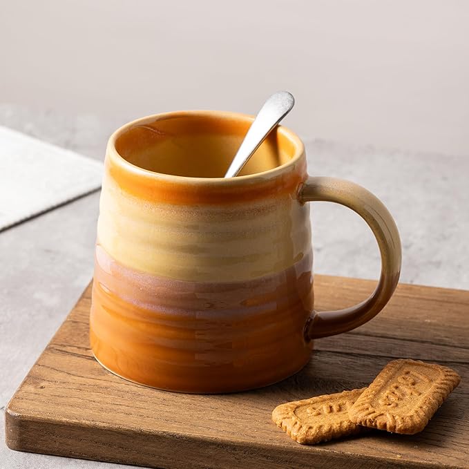 15.5 Oz Large Reactive Glaze Ceramic Mug, Heavy Weighted Stoneware Coffee Cup, Wide Base, Thick Wall Big Tea Cup with Custom Package Box, Microwave & Dishwasher Safe (Orange)