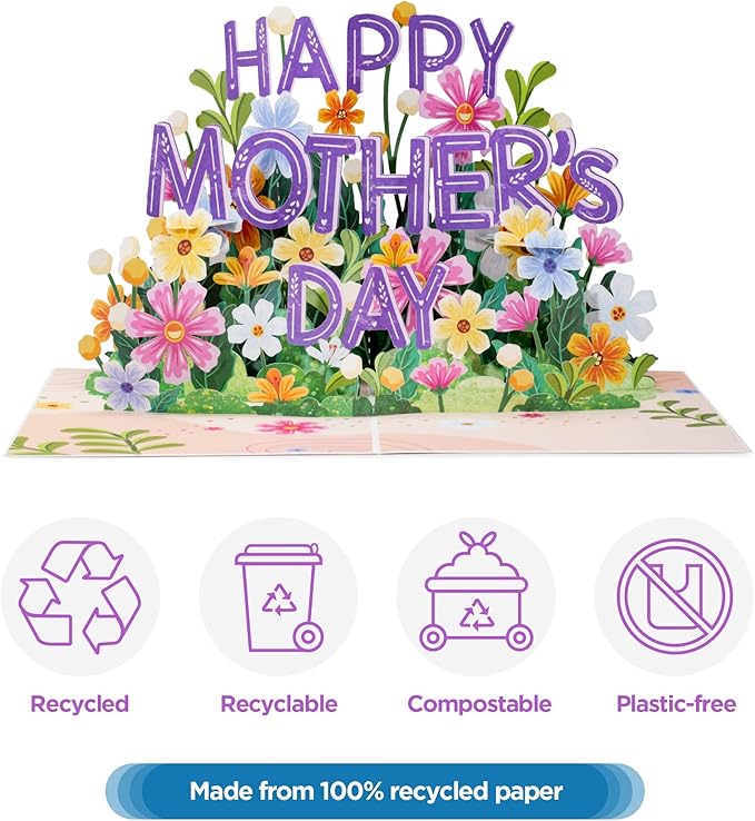 Paper Love Frndly 3D Pop Up Happy Mothers Day Card, Handcrafted - 100% Recycled and Eco-Friendly, 8" x 6" Cover - with Note Tag