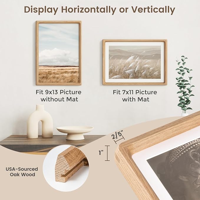Fun Memories 9x13 Picture Frame, USA-Sourced Oak Wood Photo Frames with HD Tempered Glass, Handcrafted Rounded Corner 9 x 13 Wooden Frame Matted to 7x11 Photos, 9x13 Frames, Tabletop or Wall Display