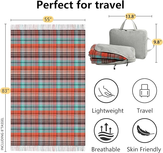 100% Wool Blanket Throw,Holiday Plaid Wool Blanket with Compact Bag,Rustic Soft Lightweight Blanket for Couch,Sofa,Bed & Lounging Decoration,Travel Blanket for Home, Airplane,Ideal Gifts 55"x83"