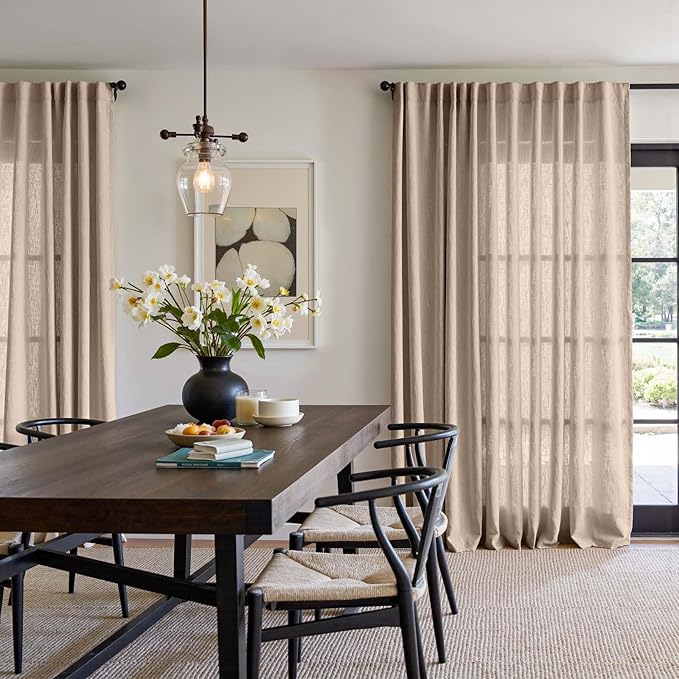 jinchan Extra Wide Sliding Door Curtain 84 Inch Length Taupe Linen Curtains Semi Sheer Drapes for Patio Door Living Room Bedroom Home Office Light Filtering Drapes 100 Inches Wide 1 Panel