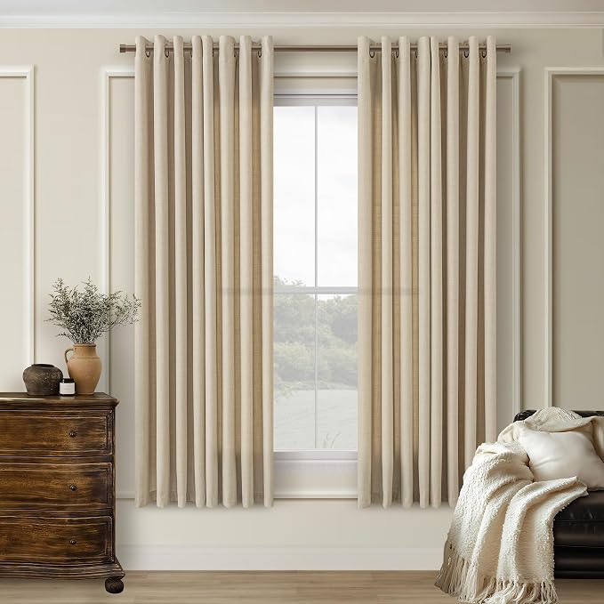 Grommet Linen Curtains 63 Inch Length 2 Panels for Dining Room Light Filtering Flax Linen Drape Neutral Farmhouse Boho Decor Earth Tone Semi Sheer Sand Beige Curtain for Living Room Bedroom Oatmeal