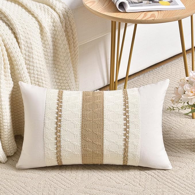 Fancy Homi Set of 2 Tan Neutral Long Lumbar Decorative Throw Pillow Cover 12x24 Inch for Couch Bed Sofa Chair, Modern Farmhouse Boho Home Decor, Soft Cotton Cute Accent Rectangle Taupe Cushion Case