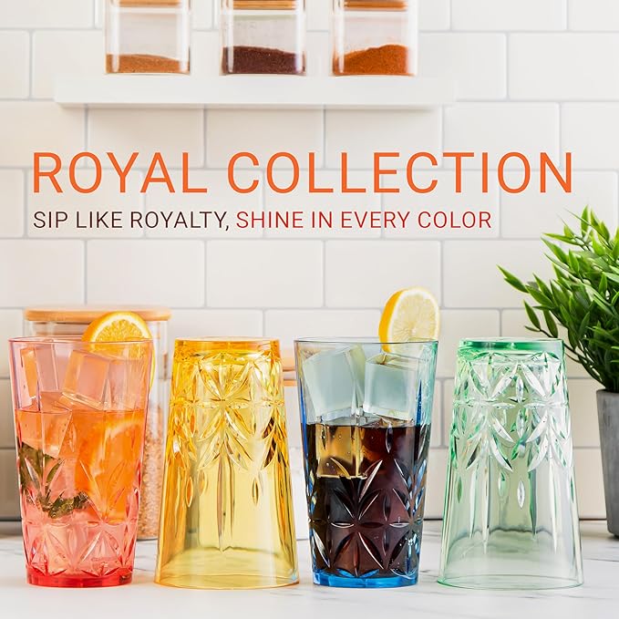 Bravario Royal Plastic Drinking Tumbler, Premium Quality Water Glasses, Dishwasher-Safe BPA-Free Durable Mixed Colors Assorted Stackable Cups, 18 oz Set of 12