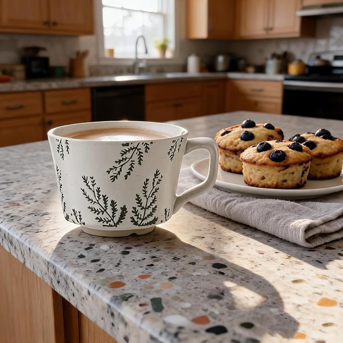 4 Pack Speckled Ceramic Coffee Mugs, 12oz Vintage Green Fern Leaf Large Tea Cups, Rustic Handmade Style Drinking Mugs for Coffee Tea Cocoa Milk, Dishwasher Microwave Safe, Housewarming Gift Set