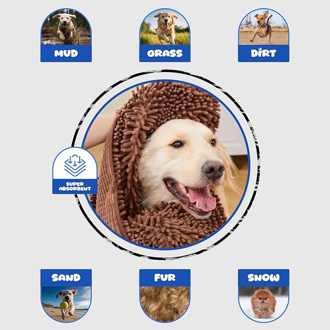 Dog Towel Microfiber, Coffee | Super Absorbent, Fast Dry, Hand Pockets, Large & Small Dogs, Machine Washable