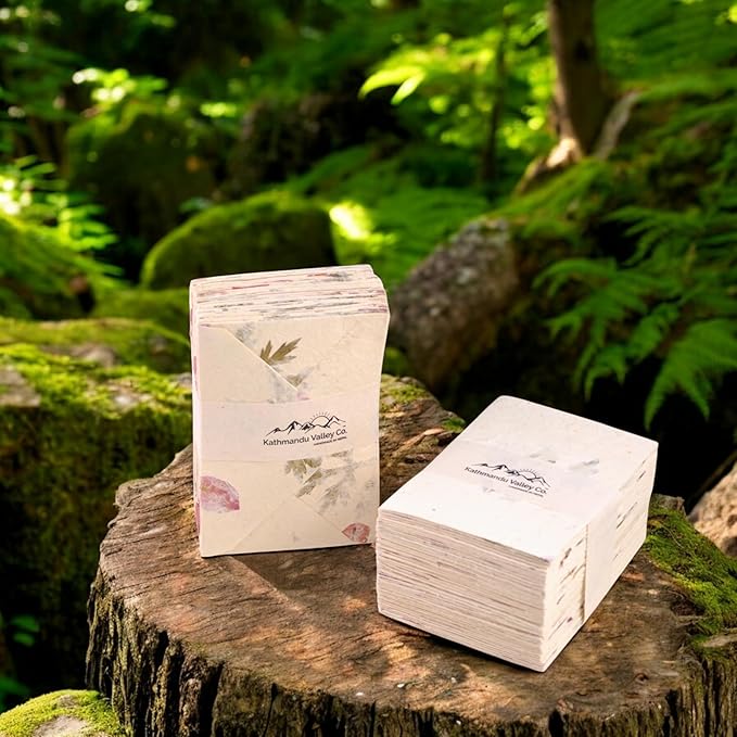 Kathmandu Valley Co. 50 Vintage 4x6 Handmade Lokta Paper Nepali Cherish Greeting Cards & Matching Decorative Flower Petal Envelopes. Folded blank cards. Handmade In Nepal. (Forest Wanderer)