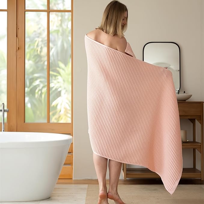 Premium Waffle Bath Towels Pack of 2 Extra Large 35x71 inch - 100% Turkish Cotton, Waffle Weave, Quick Dry, Lint Free, Oversized, Thin Bath Sheet Towel (Light Pink, Set of 2 Bath Towels)