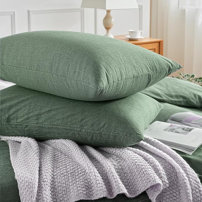 NEXHOME PRO Duvet Cover Full 100% Washed Cotton, Organic Natural Linen Like Textured, Breathable, Durable, Home Bedding Set, Heathered Green 8090