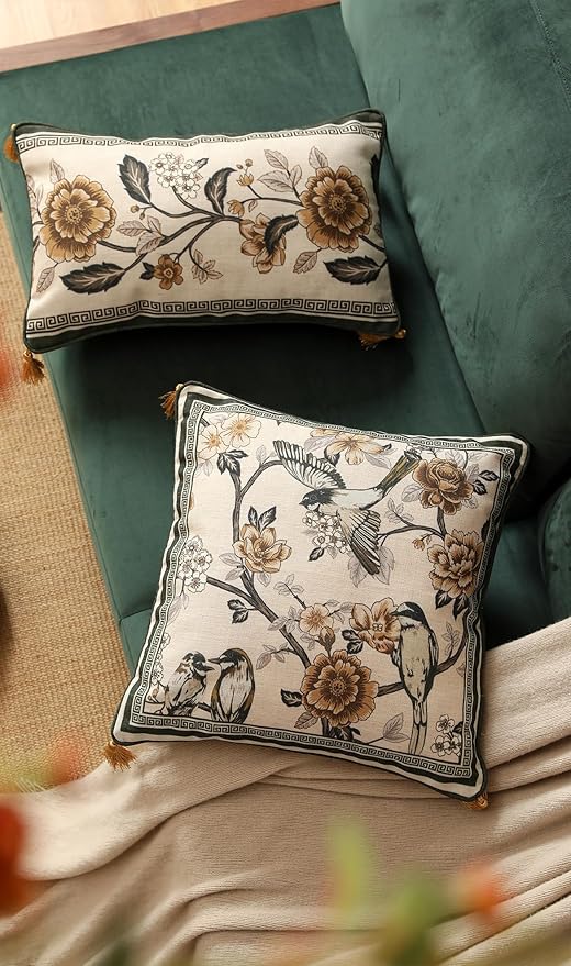 ISAENNE Design Linen Chinoiserie Square Throw Pillow Covers 18"x18" Pack of 2, Farmhouse Cushion Covers with Yellow Floral Birds Pattern Decoration Pillowcases for Bed,Living Room,Outdoor,Car