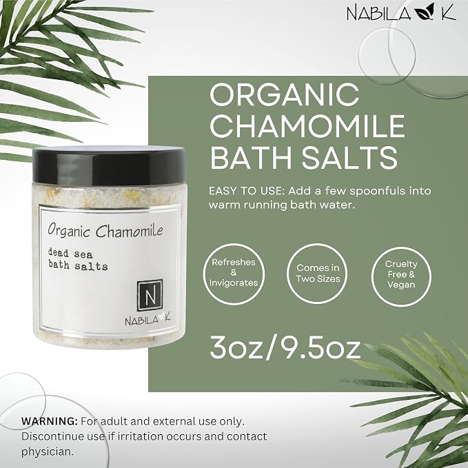 Organic Chamomile Bath Salts for Women & Men - Dead Sea Salt & Epsom Salt Calming Soak and Scrub - Organic Buds & German Chamomile Oil, Cruelty-Free, Sulfate-Free | Travel Size, 2 oz | Nabila K