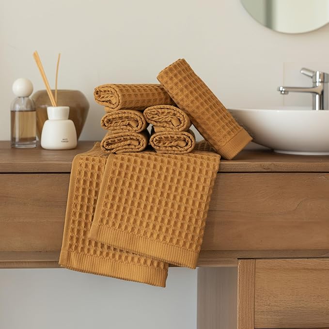 Waffle Washcloths Set of 8 Caramel Brown - Premium Quality 100% Turkish Cotton Face Washcloth, Soft Makeup Towel, Shower Cloth, Kitchen Towel (Caramel, Set of 8 Washcloths)